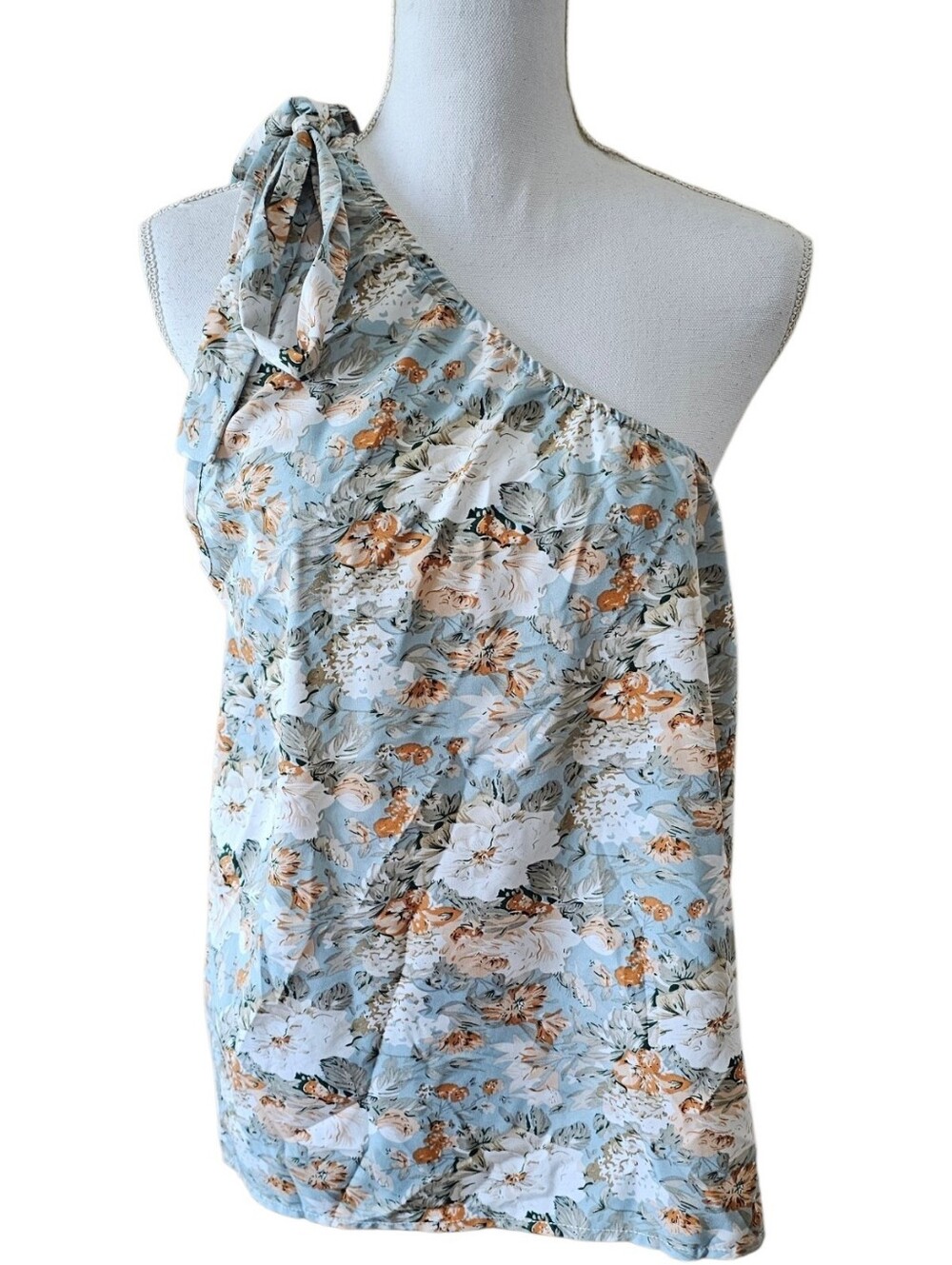 SHEIN Curve Floral One Shoulder Top 0XL Blue Tie Strap Blouse Plus